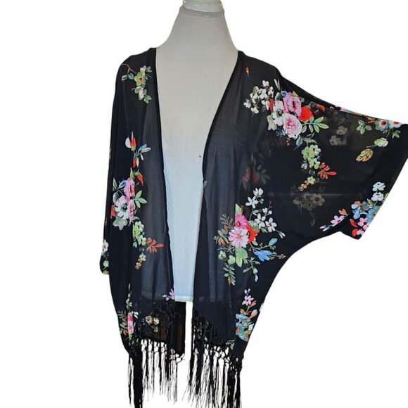 Kimono Kaftan Duster Sheer Floral Fringe Boho Whimsigoth XS S Black Wrap Shawl - Picture 1 of 12